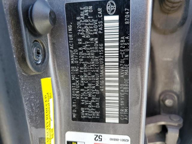 4T1G11AK4LU921566 - 2020 TOYOTA CAMRY SE GRAY photo 13