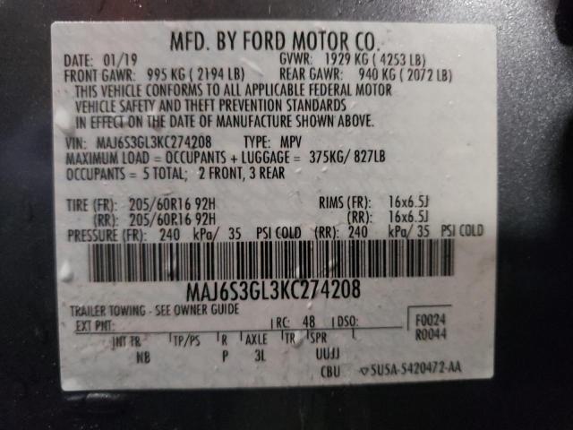 MAJ6S3GL3KC274208 - 2019 FORD ECOSPORT SE GRAY photo 14