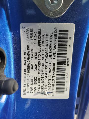 2HGFC2F76HH510704 - 2017 HONDA CIVIC EX BLUE photo 12