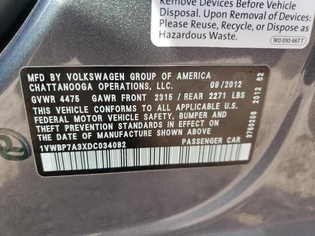 1VWBP7A3XDC034082 - 2013 VOLKSWAGEN PASSAT SE GRAY photo 13