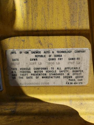 KL1TD66608B115995 - 2008 CHEVROLET AVEO BASE Sarı foto 12