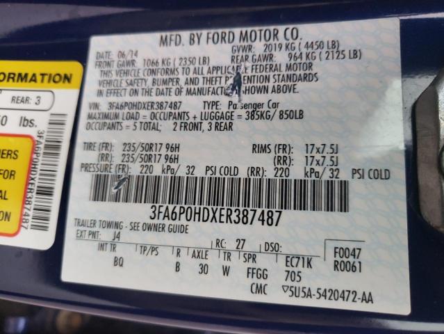 3FA6P0HDXER387487 - 2014 FORD FUSION SE BLUE photo 12