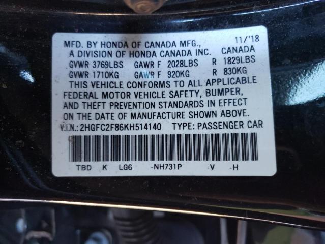 2HGFC2F86KH514140 - 2019 HONDA CIVIC SPORT 黑色 照片 12