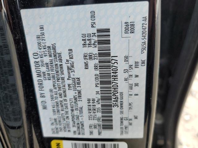 3FA6P0HD7HR407571 - 2017 FORD FUSION SE BLACK photo 12