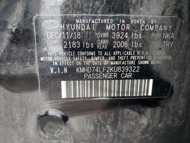 KMHD74LF2KU839322 - 2019 HYUNDAI ELANTRA SE BLACK photo 13