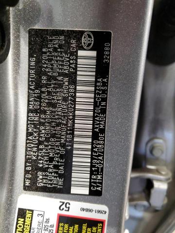 4T1B11HK4KU277386 - 2019 TOYOTA CAMRY L SILVER photo 12