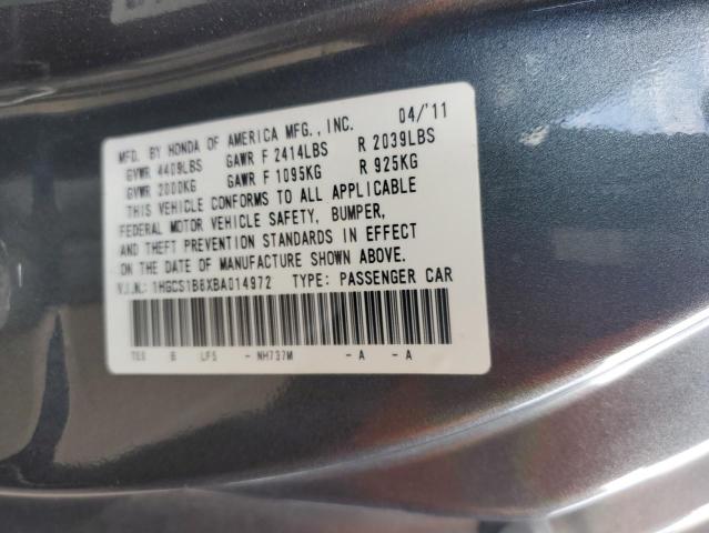 1HGCS1B8XBA014972 - 2011 HONDA ACCORD EXL GRAY photo 12