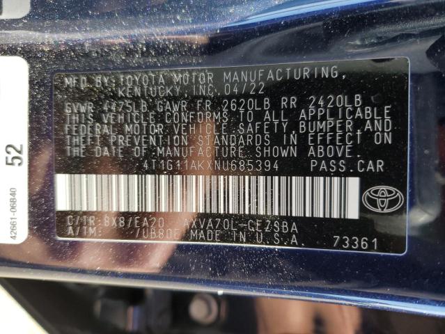 4T1G11AKXNU685394 - 2022 TOYOTA CAMRY SE BLUE photo 13