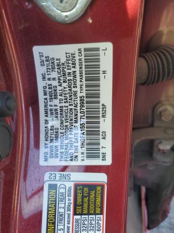 1HGFA15577L079985 - 2007 HONDA CIVIC LX RED photo 12