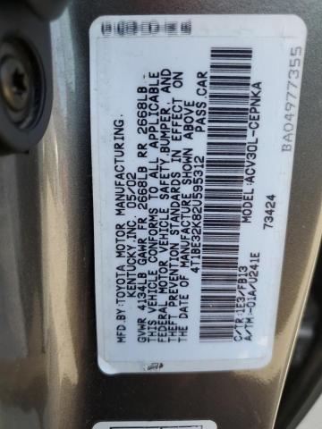 4T1BE32K82U595312 - 2002 TOYOTA CAMRY LE CHARCOAL photo 12