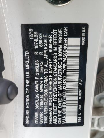 SHHFK7H85LU214252 - 2020 HONDA CIVIC EXL თეთრი ფოტო 12