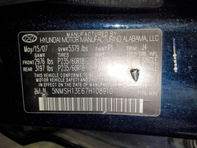 5NMSH13E67H108910 - 2007 HYUNDAI SANTA FE SE BLUE photo 12