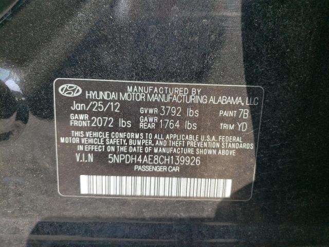 5NPDH4AE8CH139926 - 2012 HYUNDAI ELANTRA GLS BLACK photo 12