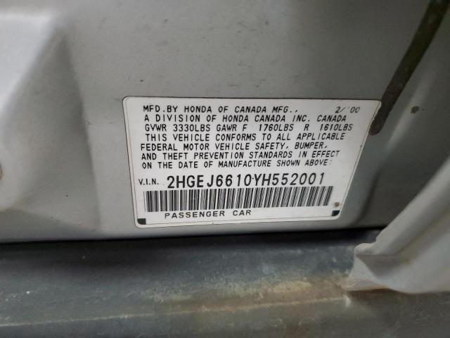 2HGEJ6610YH552001 - 2000 HONDA CIVIC BASE SILVER photo 12