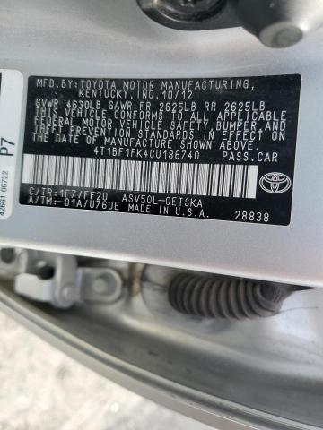 4T1BF1FK4CU186740 - 2012 TOYOTA CAMRY BASE SILVER photo 12