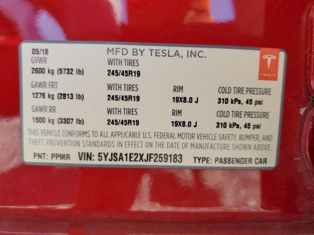 5YJSA1E2XJF259183 - 2018 TESLA MODEL S RED photo 13