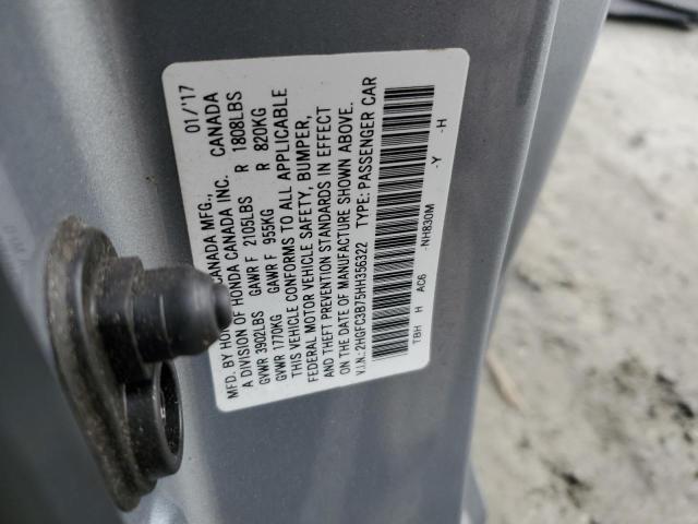 2HGFC3B75HH356322 - 2017 HONDA CIVIC EXL ნაცრისფერი ფოტო 12