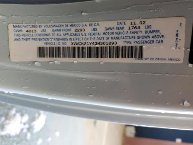 3VWCK21Y43M301893 - 2003 VOLKSWAGEN NEW BEETLE GLS BLUE photo 12