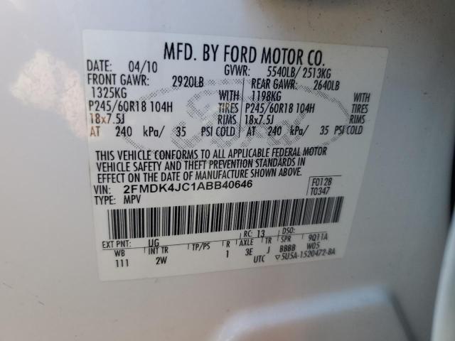 2FMDK4JC1ABB40646 - 2010 FORD EDGE SEL WHITE photo 13