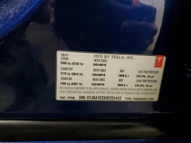 5YJSA1E2XHF231412 - 2017 TESLA MODEL S ლურჯი ფოტო 12