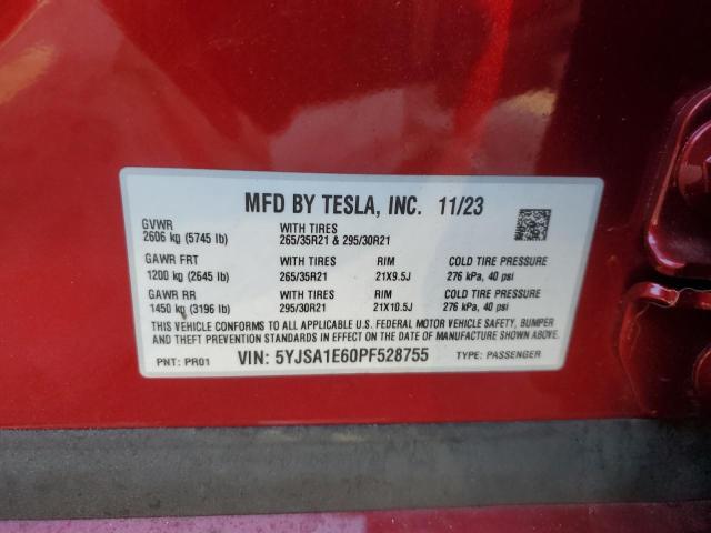 5YJSA1E60PF528755 - 2023 TESLA MODEL S RED photo 12