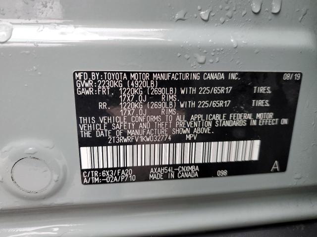 2T3RWRFV1KW032774 - 2019 TOYOTA RAV4 XLE GRAY photo 13