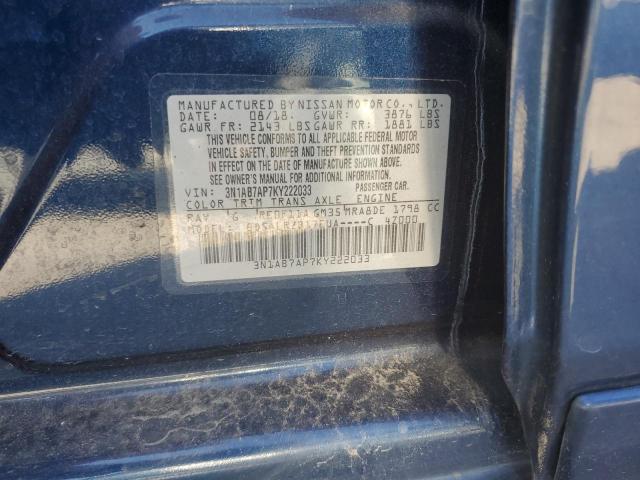 3N1AB7AP7KY222033 - 2019 NISSAN SENTRA S BLUE photo 12