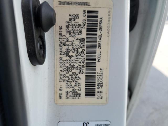 5YFBU4EE4DP210590 - 2013 TOYOTA COROLLA BASE WHITE photo 12