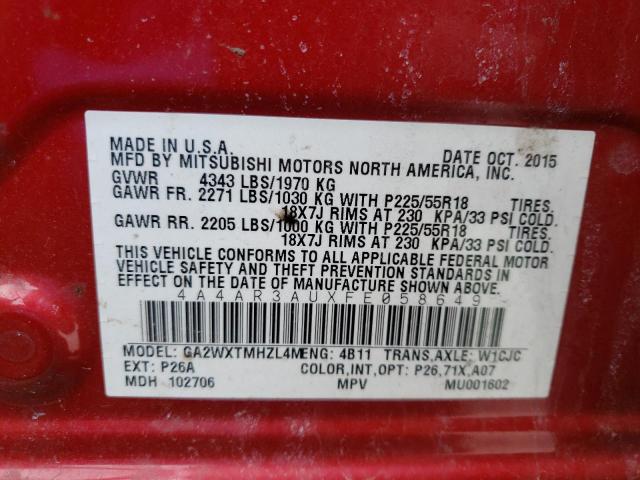 4A4AR3AUXFE058649 - 2015 MITSUBISHI OUTLANDER ES RED photo 13