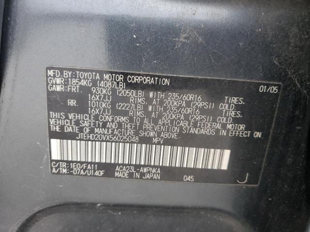 JTEHD20VX56025048 - 2005 TOYOTA RAV4 GRAY photo 12