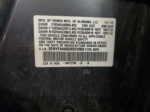 5FNYF4H60DB024968 - 2013 HONDA PILOT EXL GRAY photo 13