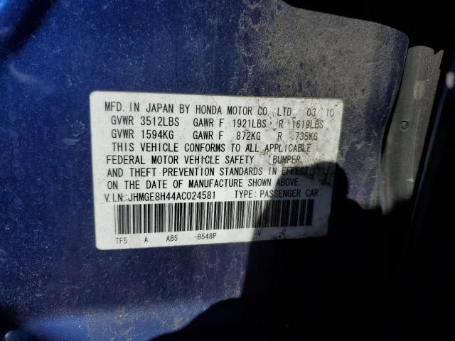 JHMGE8H44AC024581 - 2010 HONDA FIT SPORT BLUE photo 12