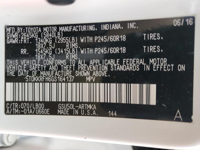 5TDKKRFH6GS164137 - 2016 TOYOTA HIGHLANDER XLE WHITE photo 13