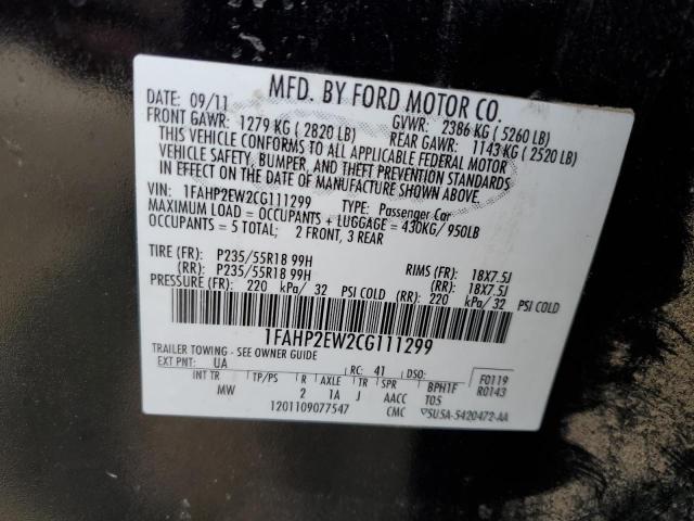 1FAHP2EW2CG111299 - 2012 FORD TAURUS SEL BLACK photo 13