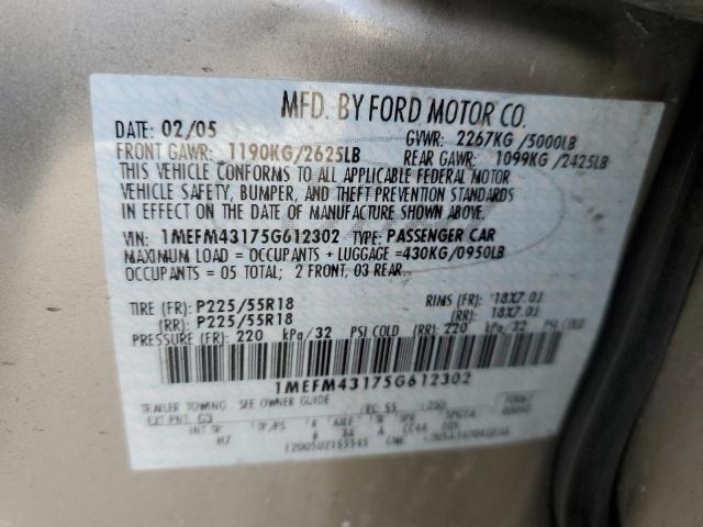 1MEFM43175G612302 - 2005 MERCURY MONTEGO PREMIER GOLD photo 12