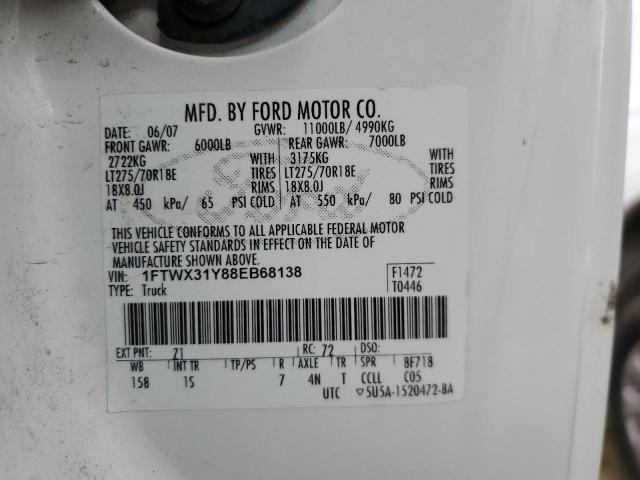 1FTWX31Y88EB68138 - 2008 FORD F350 SRW SUPER DUTY WHITE photo 13