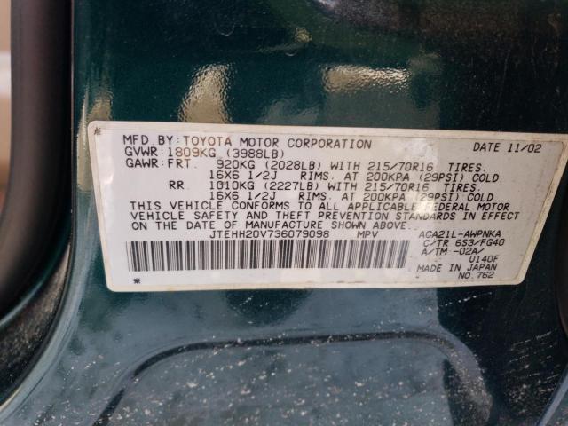 JTEHH20V736079098 - 2003 TOYOTA RAV4 GREEN photo 12