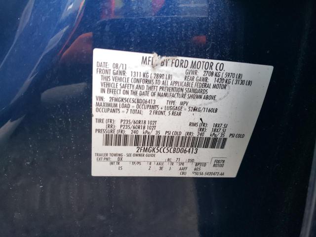 2FMGK5CC5CBD06413 - 2012 FORD FLEX SEL BLUE photo 12