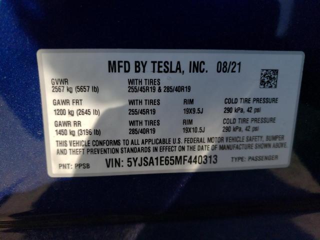 5YJSA1E65MF440313 - 2021 TESLA MODEL S ლურჯი ფოტო 13