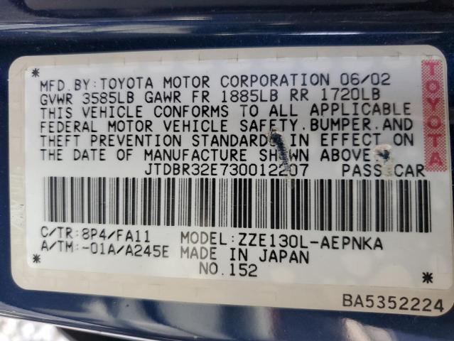 JTDBR32E730012207 - 2003 TOYOTA COROLLA S CE BLUE photo 12