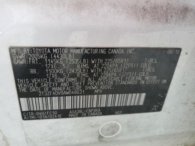 2T3ZF4DV9AW048631 - 2010 TOYOTA RAV4 WHITE photo 12