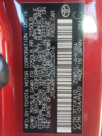 JTDKARFU2G3523016 - 2016 TOYOTA PRIUS RED photo 13