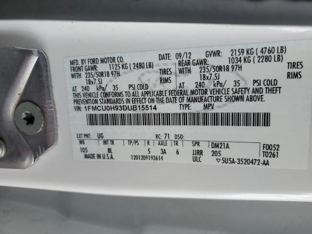 1FMCU0H93DUB15514 - 2013 FORD ESCAPE SEL WHITE photo 13