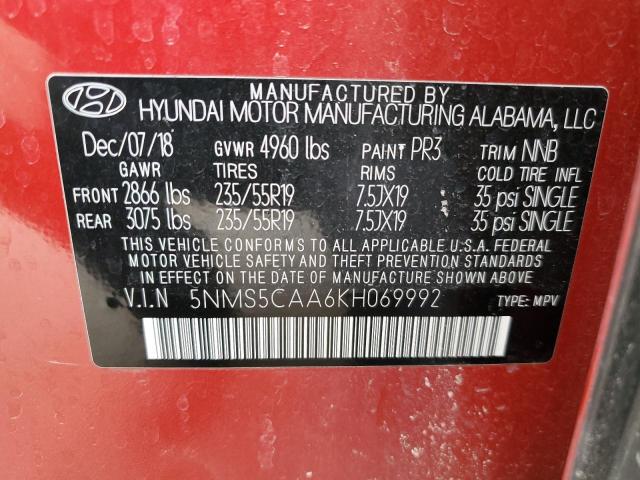 5NMS5CAA6KH069992 - 2019 HYUNDAI SANTA FE LIMITED RED photo 13