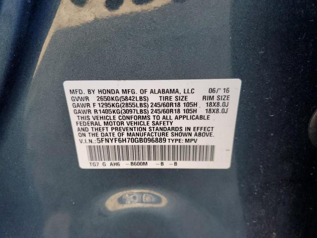 5FNYF6H70GB096889 - 2016 HONDA PILOT EXLN BLUE photo 13