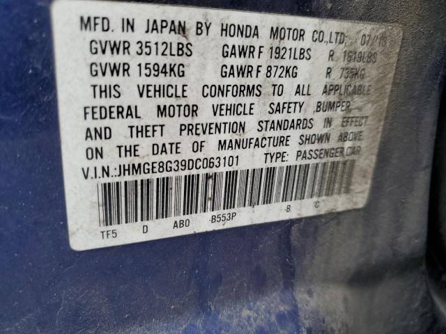 JHMGE8G39DC063101 - 2013 HONDA FIT BLUE photo 12