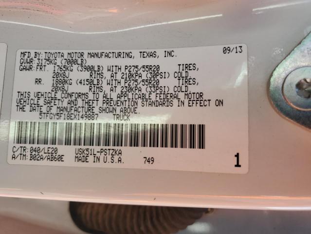 5TFGY5F18EX149887 - 2014 TOYOTA TUNDRA CREWMAX PLATINUM 白色 照片 12