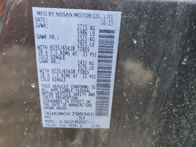 5N1AR2MM5FC700960 - 2015 NISSAN PATHFINDER S 棕色 照片 14