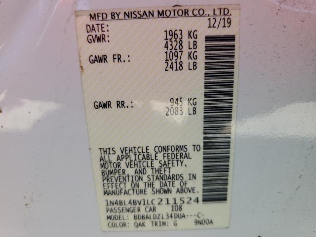 1N4BL4BV1LC211524 - 2020 NISSAN ALTIMA S WHITE photo 12