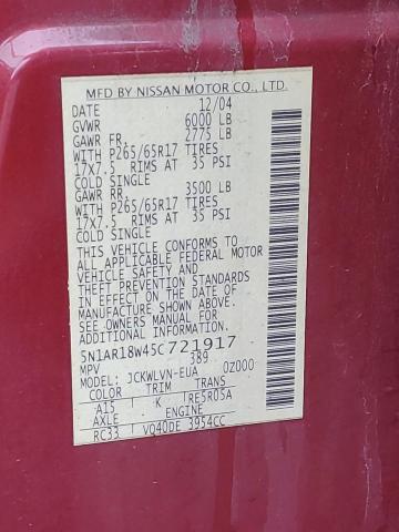 5N1AR18W45C721917 - 2005 NISSAN PATHFINDER LE წითელი ფოტო 13